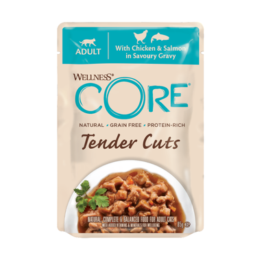 Wellness Core Tender Cuts pollo y salmón sobre en salsa para gatos